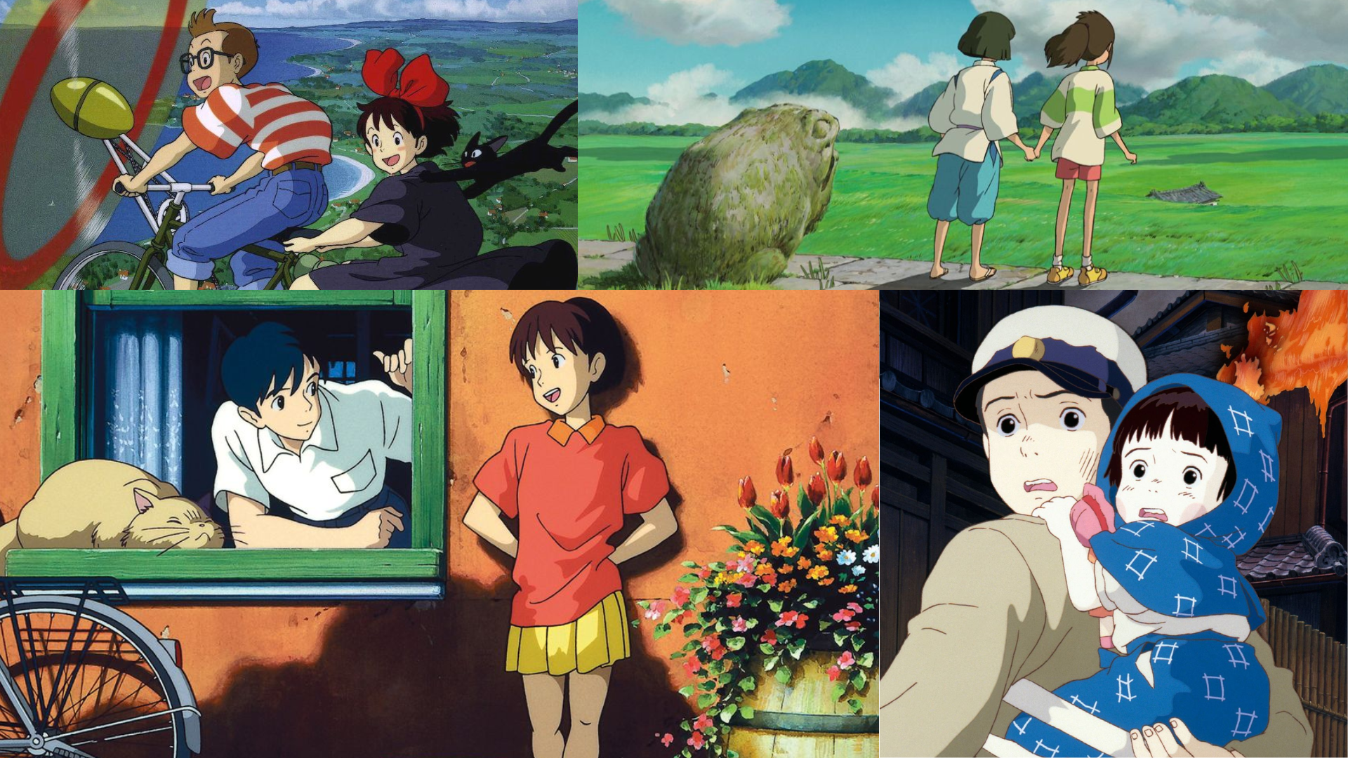Compilation of Ghibli Films. From top left to bottom right: Kiki’s Delivery Service, Spirited Away, Whisper of the Heart, and Grave of the Fireflies.  -klowiii