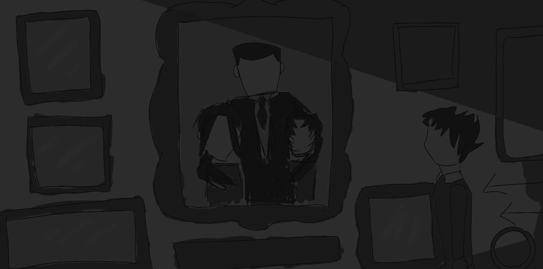 Nico walking through the mannsion hallway, with protraits and awards hung upon the wall